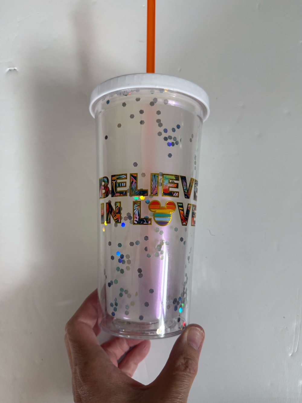 EUC Disney “Believe in Love” Rainbow Glitter Cold Tumbler with Straw